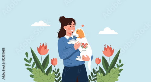 Happy young woman lovingly hugging her cute puppy in a beautiful field of tulips, illustrating a strong bond with a pet friend.