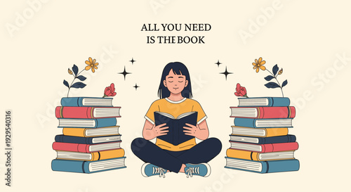 Young woman sitting cross-legged and reading between two large stacks of books with the inspiring quote "All You Need Is The Book".