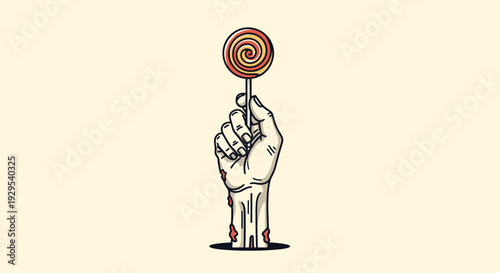 Creepy cartoon zombie hand with bloodstains rising from the ground while holding a colorful, sweet swirly lollipop for Halloween.