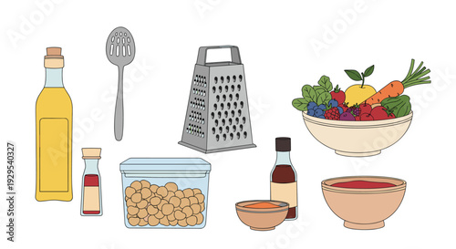Collection of kitchen items and fresh ingredients for preparing a healthy meal, including a salad bowl, grater, and olive oil.