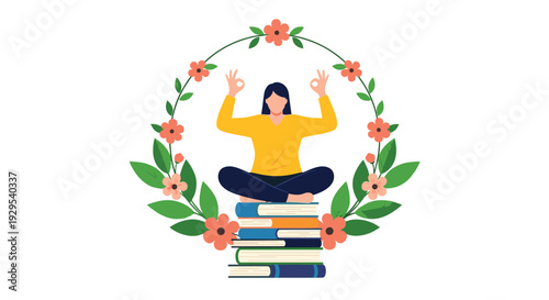 Woman in a yoga pose meditating on top of a large stack of books, surrounded by a peaceful and calming floral wreath.