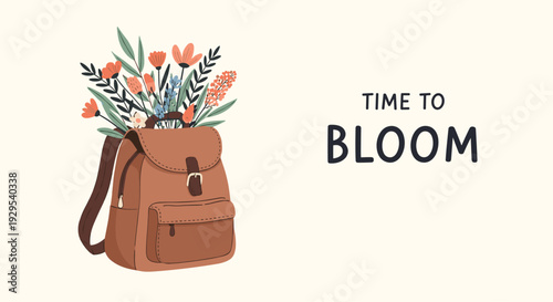 Inspirational "Time to Bloom" concept with a beautiful bouquet of wildflowers emerging from a vintage brown leather backpack.