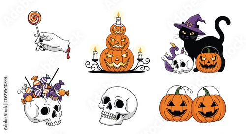 Funky and spooky set of six Halloween icons including a witch's hand, stacked pumpkins, a black cat, and skulls with candy.