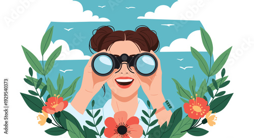 Excited woman with a joyful expression looking through binoculars, framed by lush green leaves and vibrant flowers in nature.