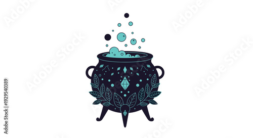 Mystical witch's cauldron bubbling with a magical turquoise potion, decorated with leaves and crystals for a Halloween spell.