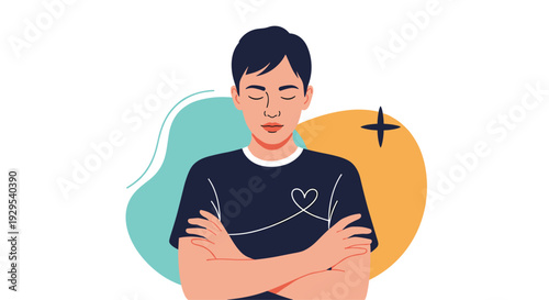 Young man with his eyes closed and arms crossed, finding a moment of calm and peace against an abstract, colorful background.