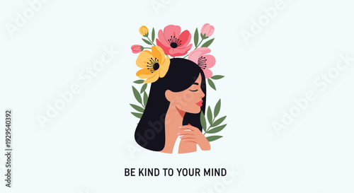 Beautiful woman with closed eyes and flowers in her hair, accompanied by the motivational phrase "Be Kind to Your Mind".
