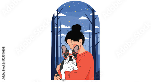 Young woman with her hair in a bun affectionately holding her cute French bulldog at night in a tranquil forest setting.