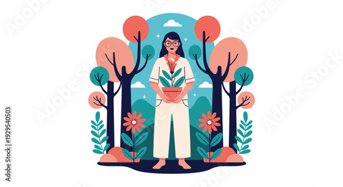 Stylized illustration of a woman in glasses holding a potted plant, standing peacefully in a forest surrounded by colorful nature.