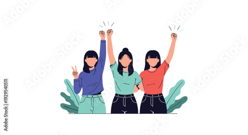 Three strong and happy young women standing together, raising their fists in solidarity and flashing a peace sign to celebrate unity.