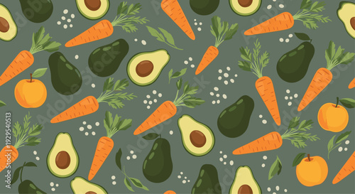 Healthy and vibrant seamless pattern featuring fresh carrots, creamy avocados, and crisp apples on a dark green background for textiles.