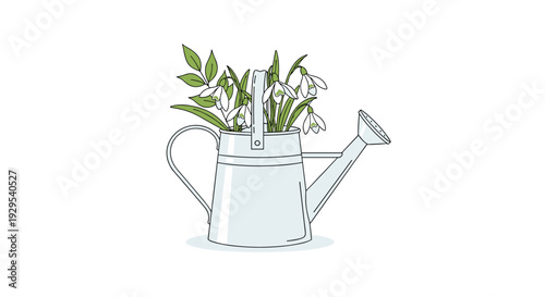 Delicate and simple line art illustration of a metal watering can being used as a vase for a beautiful bouquet of snowdrop flowers.