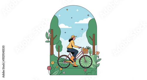 Young woman wearing a hat enjoys a scenic bicycle ride through a beautiful park filled with flowers and trees on a sunny day.