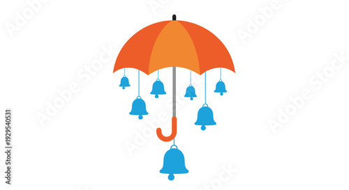 Whimsical and creative illustration of an orange umbrella with several blue bells hanging from it, creating a unique wind chime.