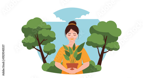 Serene woman with her eyes closed, peacefully holding a potted plant while surrounded by lush green trees and a blue sky.