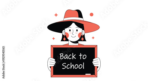 Stylish and modern illustration of a fashionable woman in a large hat holding a small chalkboard with "Back to School" written on it.