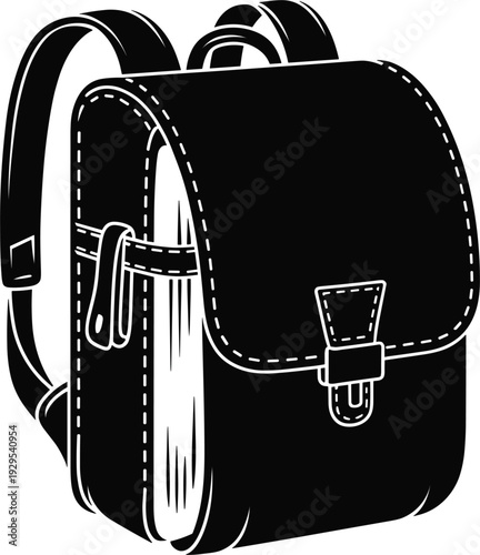 Black silhouette of a classic satchel backpack with a book peeking out on a white background vector illustration