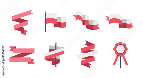 set of red and white polish flags ribbons and award rosette flat vector icons