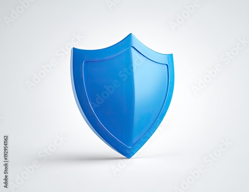 A shiny, blue, three-dimensional shield on a white background