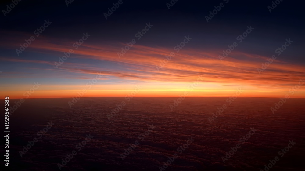 Fototapeta premium Aerial view of a breathtaking sunset painting the sky above a sea of clouds with vibrant orange and blue hues
