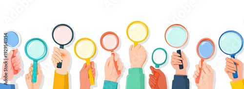 Illustration of multiple hands holding colorful magnifying glasses against a white backdrop