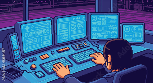 person working on multiple computer screens with futuristic user interface hand drawn digital art