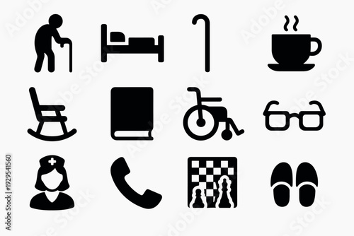 collection of elderly care medical and leisure icons in black silhouette style