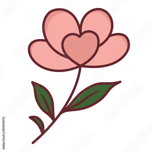 Pink flower with heart center stem and green leaves graphic