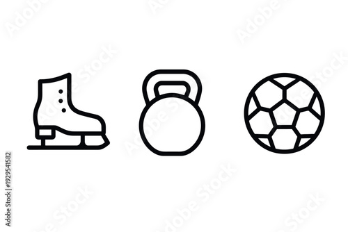 set of hand drawn ice skate kettlebell and soccer ball outline icons for sports and fitness