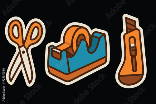set of colorful hand drawn scissors tape dispenser and utility knife icons for office and school supplies