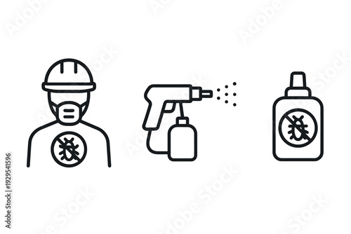set of hand drawn pest control worker spray gun and insecticide bottle line art icons
