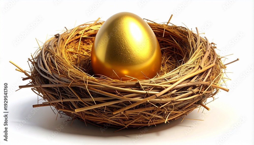 Obraz premium 自然な小枝の鳥の巣の中で輝く金の卵の資産運用3Dイラスト