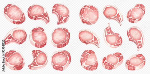 Set of fresh raw pork chops, cutlets, and steaks isolated on transparent background, perfect for cooking and food illustrations.