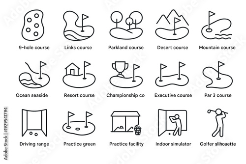 collection of golf course types and related icons in hand drawn line art style for sports and recreation