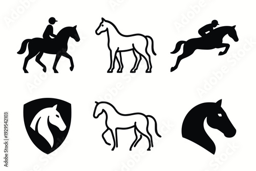set of horse and equestrian rider icons in black and white silhouette and line art style