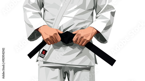 close up of man tying black belt on white karate gi vector illustration