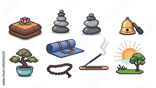 set of hand drawn zen meditation icons with yoga mat incense and bonsai tree