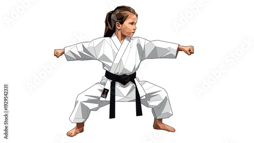 Low poly karate kid in white gi performing martial arts stance