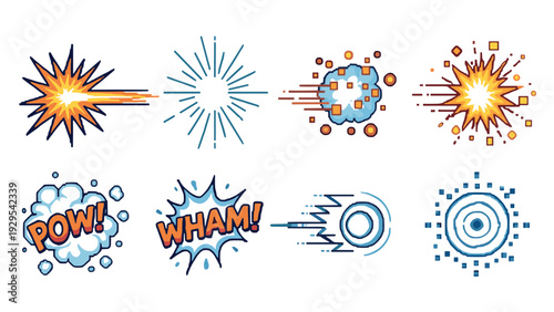 comic style hand drawn explosion burst and damage effect icon set