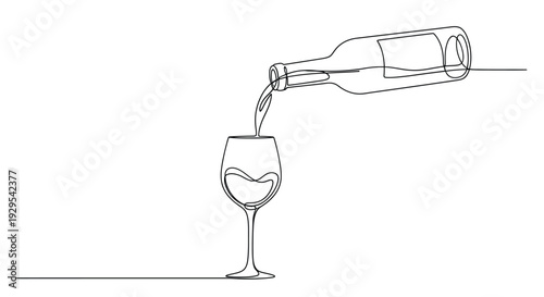Wine pouring from bottle into glass, minimal line art