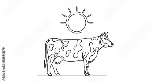 Cow and sun, minimal line art illustration
