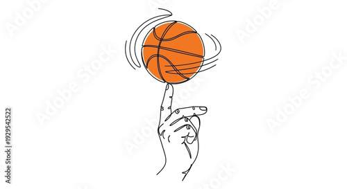 Hand spinning a basketball on a finger, dynamic line art.