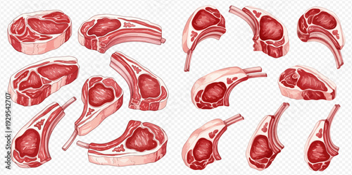 Set of fresh raw lamb chops and steaks, hand-drawn watercolor illustration on transparent background.