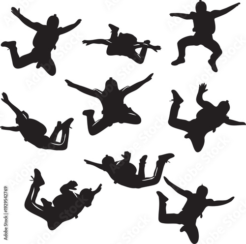 Skydiver silhouettes falling through sky in extreme sport action set