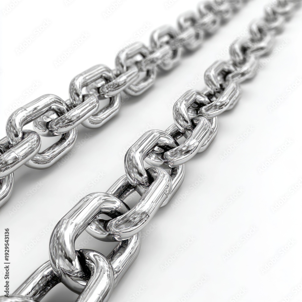Fototapeta premium Two gleaming, metallic chains, one in focus, on a white surface, creating a diagonal perspective