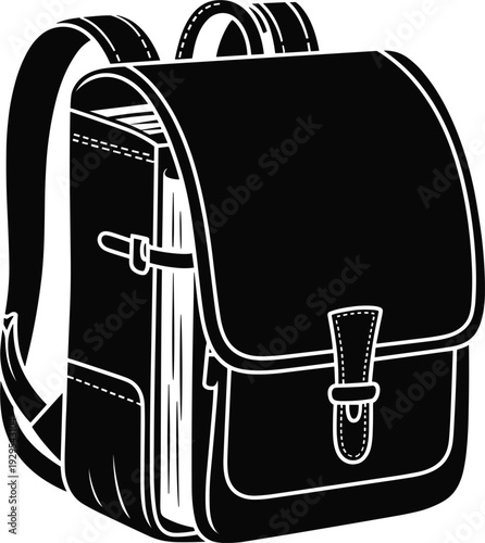 Black silhouette of a vintage school satchel backpack with books inside Keywords: backpack, satchel, school bag, books, vintage