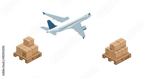 airplane flying above two pallets with stacked cardboard boxes logistics concept 3d illustration