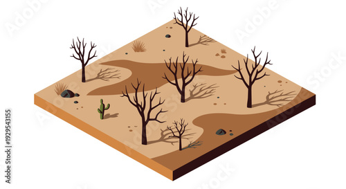 isometric desert landscape with dry trees cactus and rocks hand drawn illustration