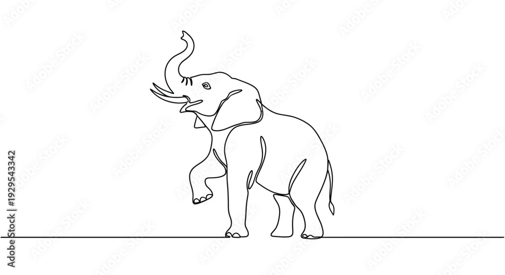 Fototapeta premium One Line Drawing of an Elephant Standing on Hind Legs, Trunk Up