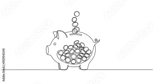 Single Line Art of Piggy Bank Filling with Coins, Saving Money Concept